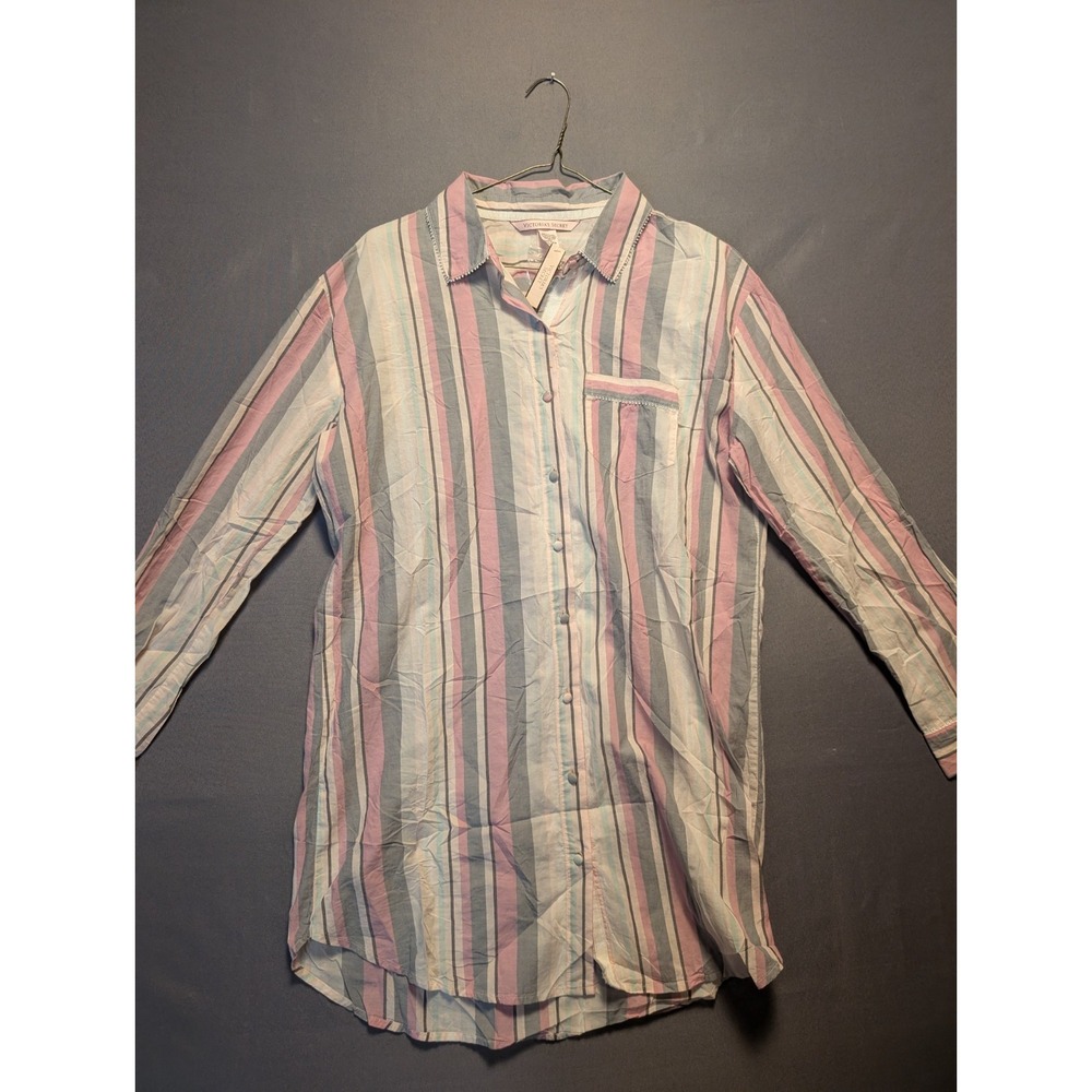 Victoria's Secret Pajama Shirt Womens M Pink Striped Button Up Preppy Sleepwear